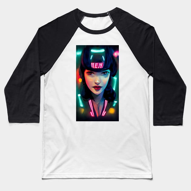 Cyber Neon lights pin up girl Baseball T-Shirt by StoneyPhenix